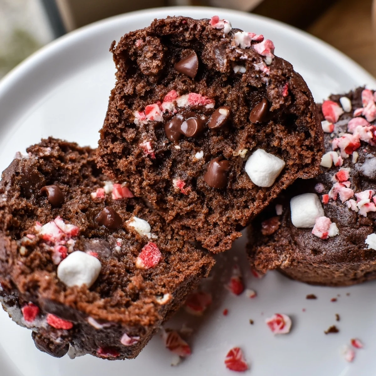 Close-up of Peppermint Hot Chocolate Muffins showing moist crumb and melting chips