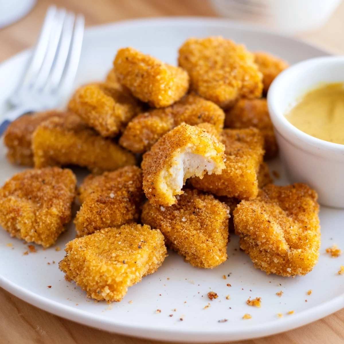Crispy golden Chicken Bites steaming on a plate, juicy interior, with ranch dipping sauce