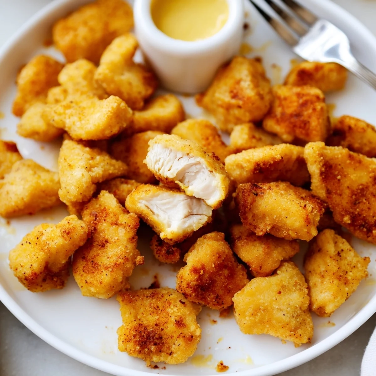 Handheld Chicken Bites fresh from fryer, golden crust, served with honey mustard