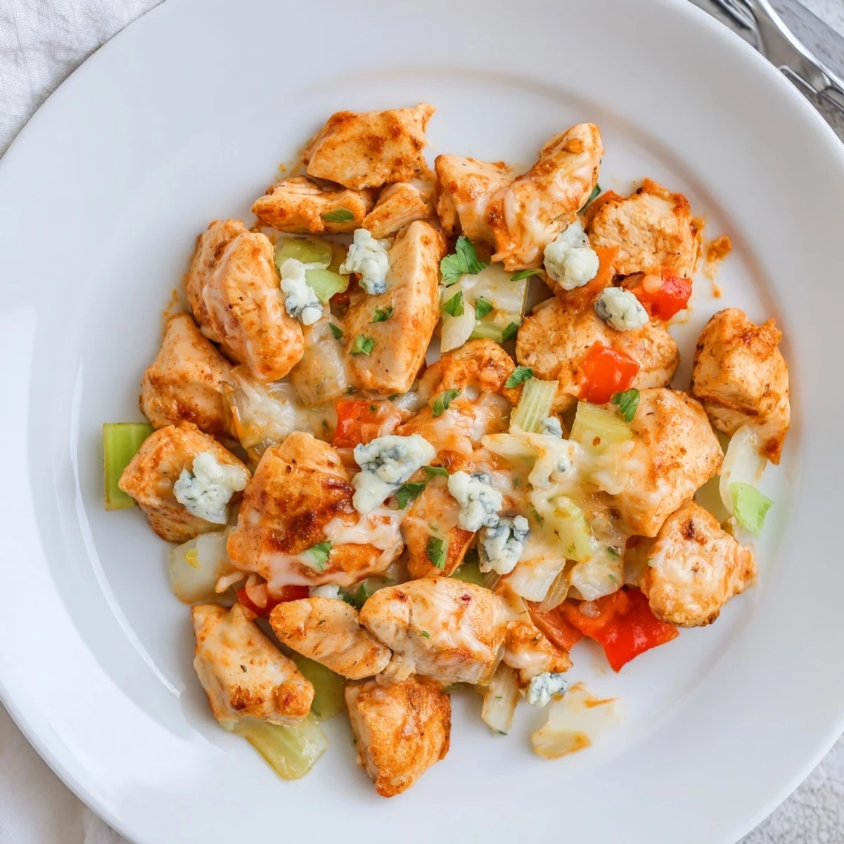 Keto Buffalo Chicken Skillet sizzling with creamy sauce and melted mozzarella cheese