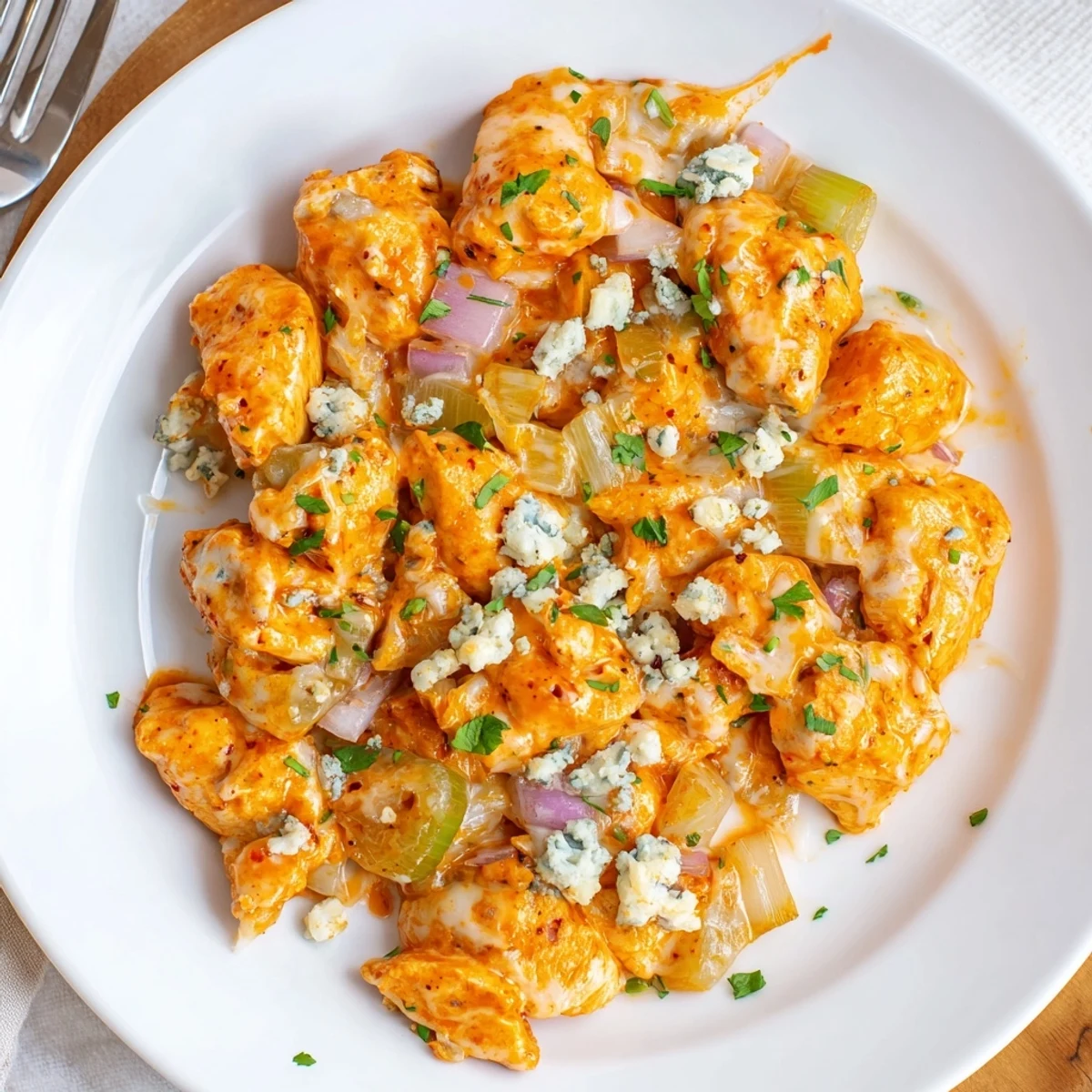 Keto Buffalo Chicken Skillet with bite-sized chicken, spicy sauce, bright parsley garnish