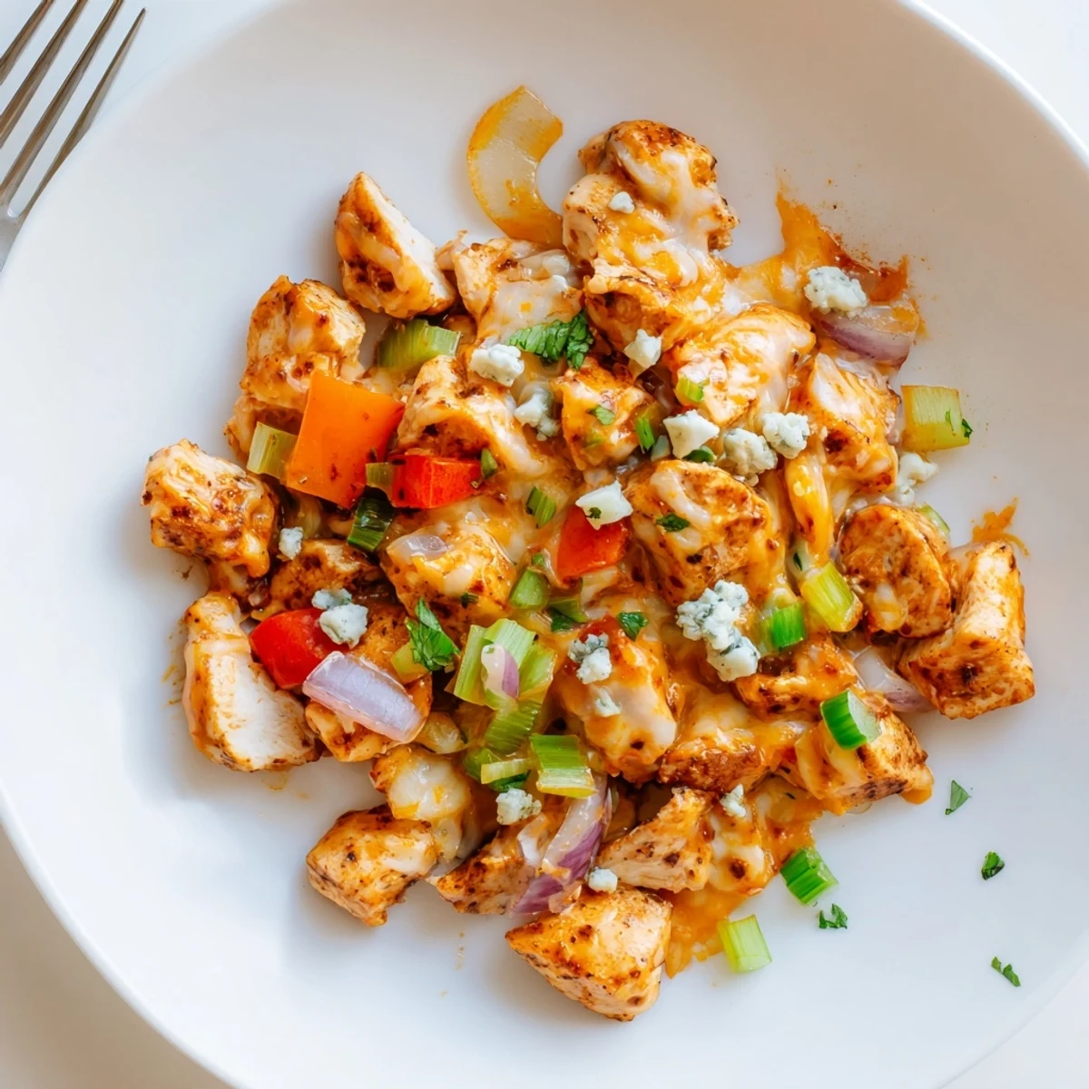 Keto Buffalo Chicken Skillet served hot over cauliflower rice, creamy spicy finish