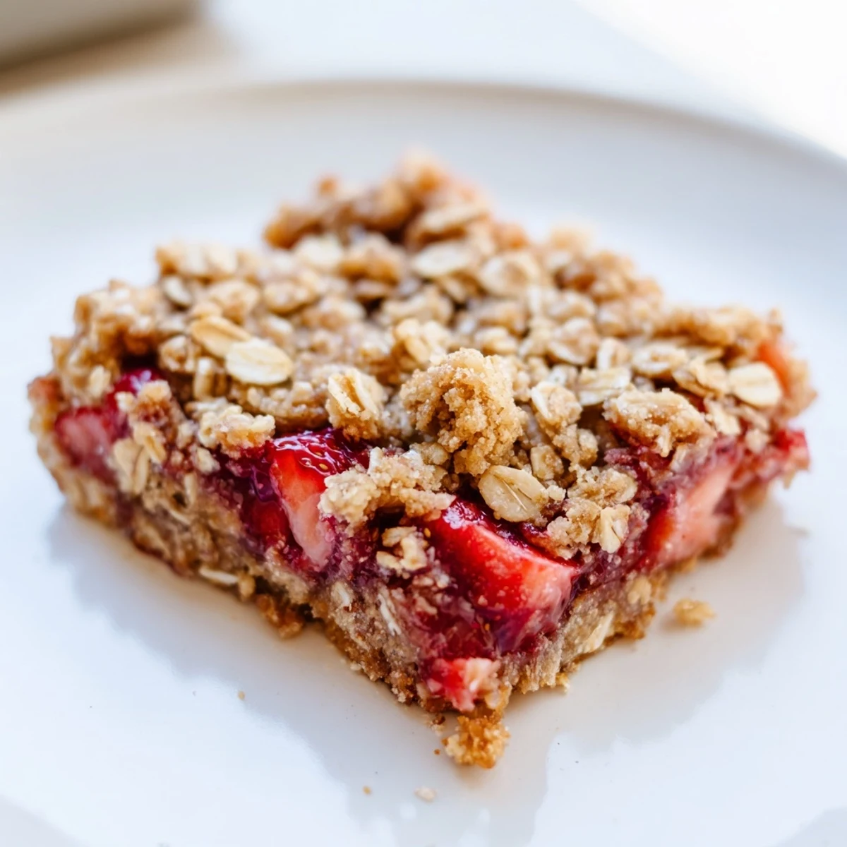 Strawberry Oatmeal Crumble Bars served warm with vanilla ice cream scoop