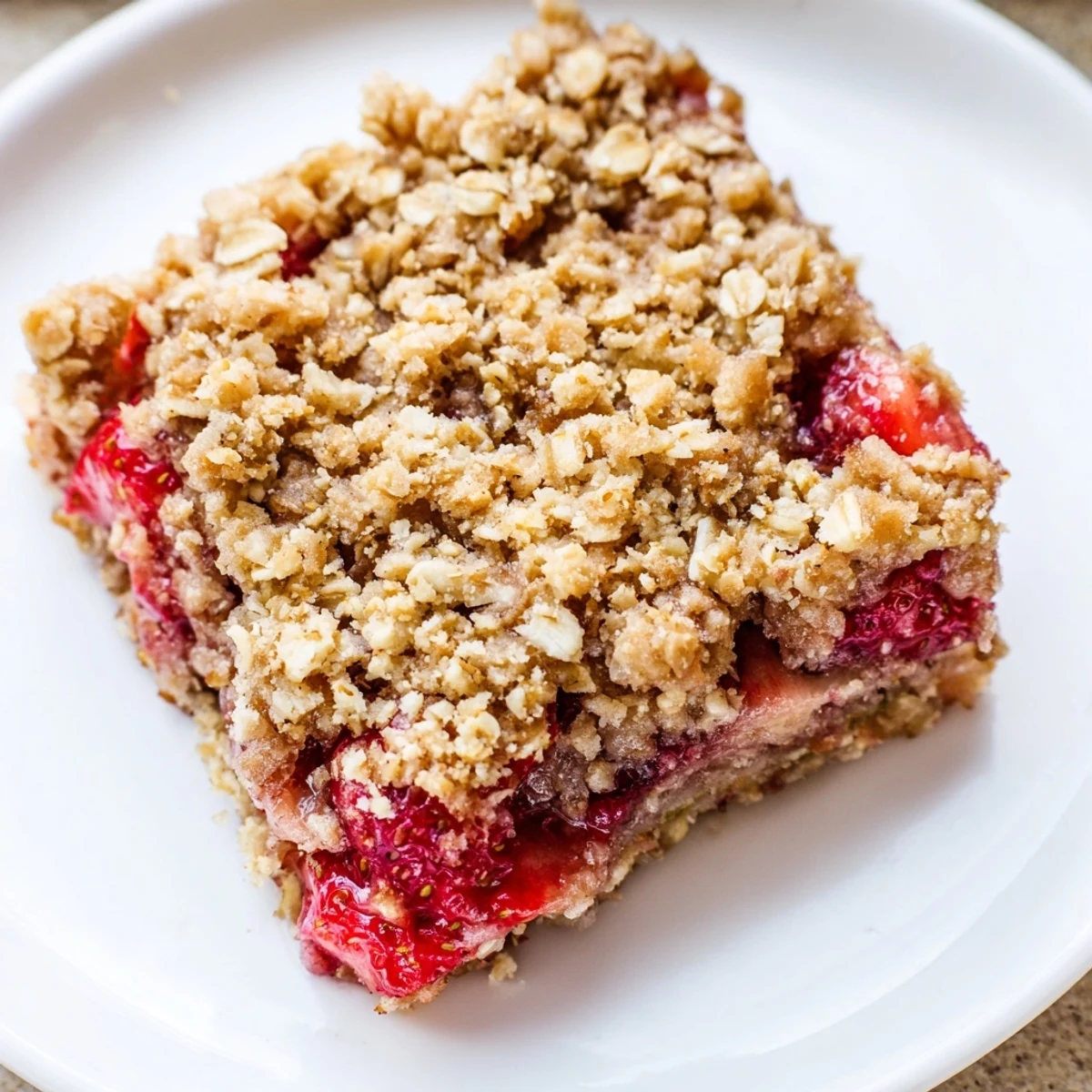 Homestyle Strawberry Oatmeal Crumble Bars cooling in pan, oat crumble crisp
