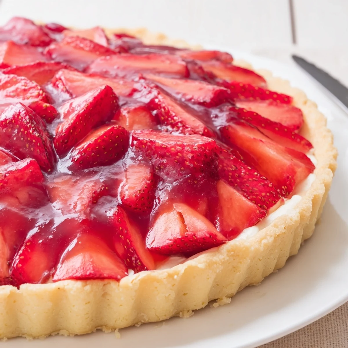 Tarte aux Fraises on a golden crust, glossy fresh strawberries, spring dessert