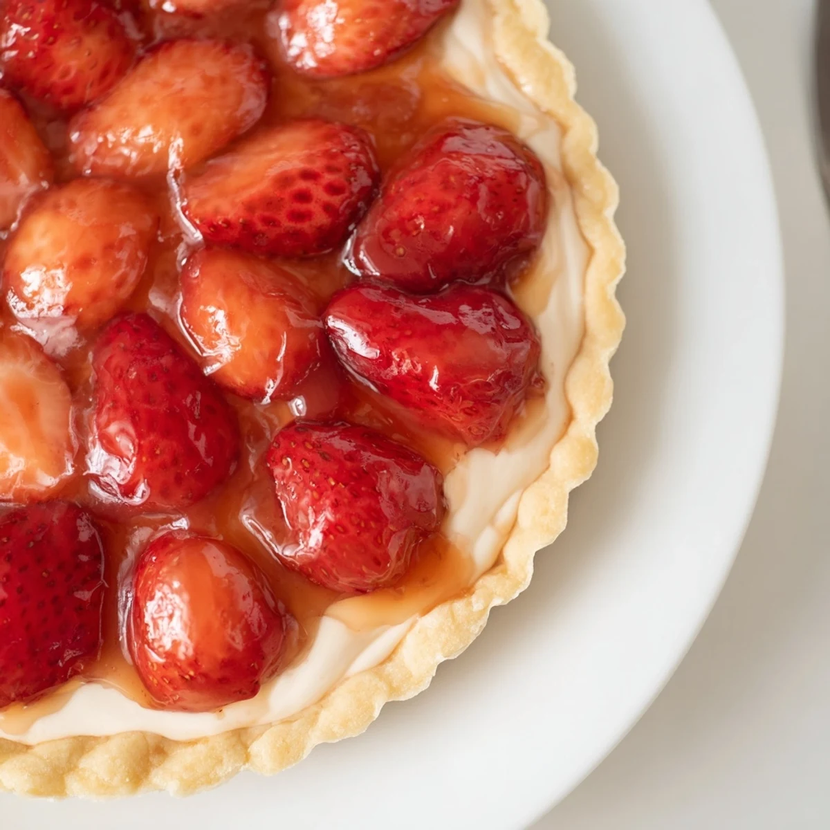 Sliced Tarte aux Fraises with creamy pastry cream, chilled on plate