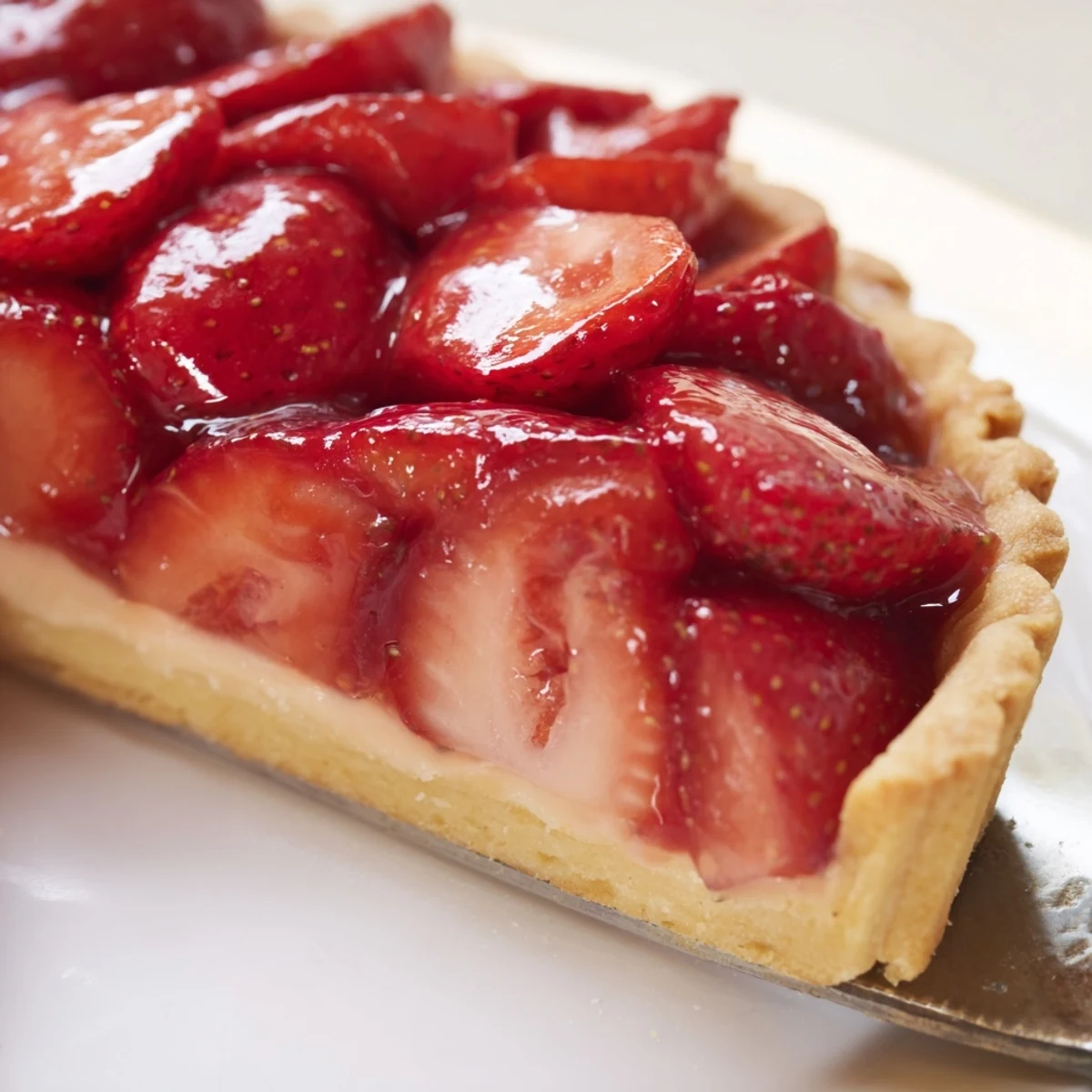 Homemade Tarte aux Fraises glazed with apricot jam, served with mint