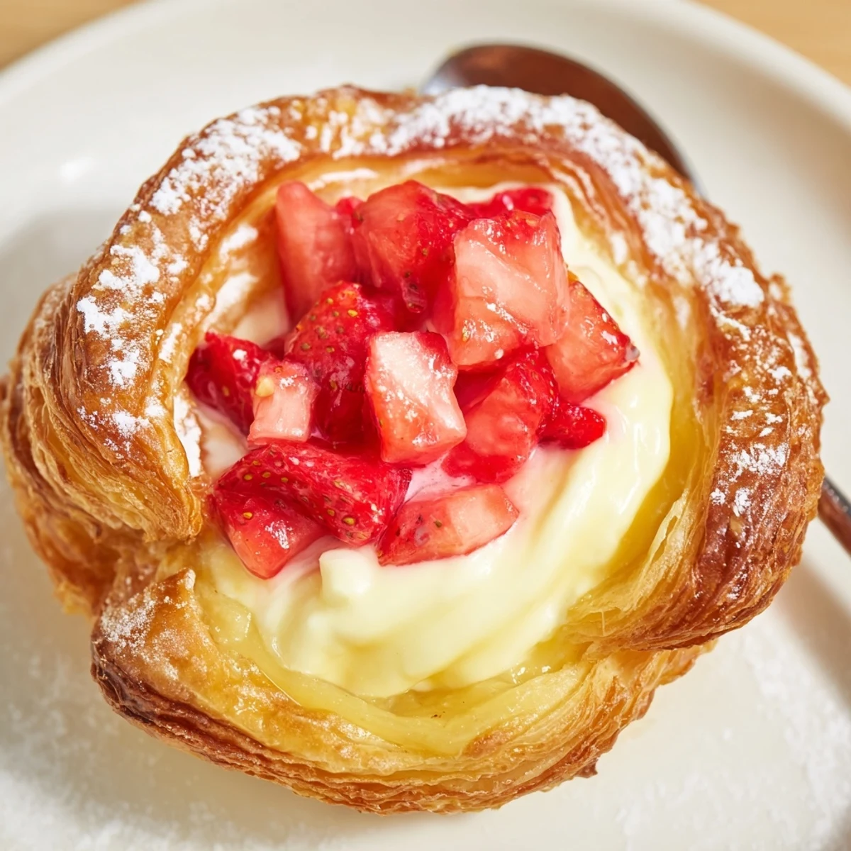 Warm, flaky Strawberry Danish Recipe topped with glossy glaze and cream cheese filling