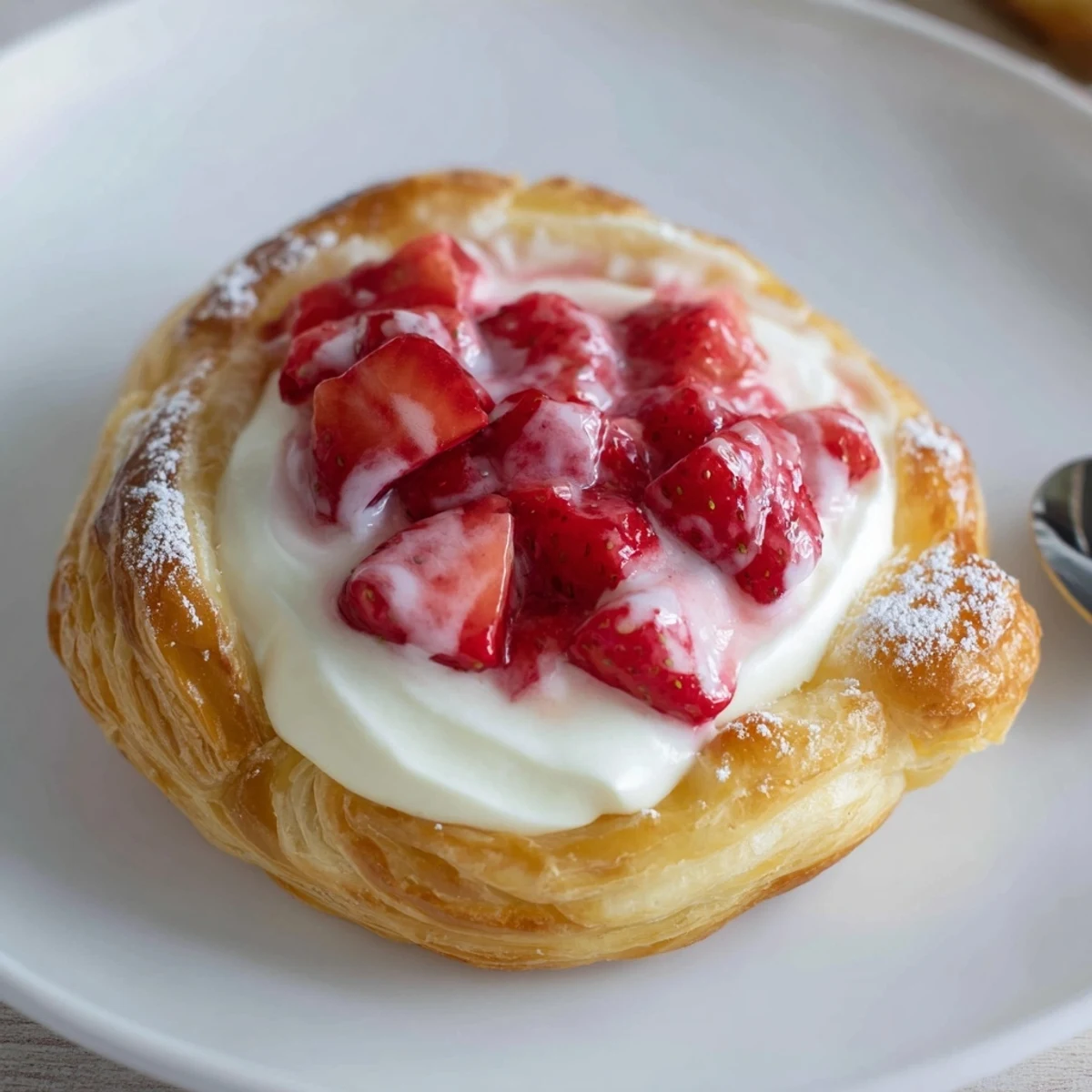 Breakfast ready Strawberry Danish Recipe showcasing flaky layers, lemon zested cream cheese, juicy strawberries