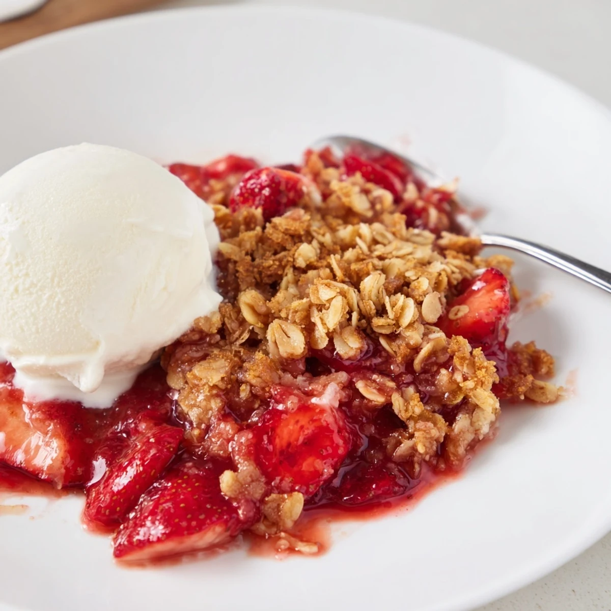 Fresh Strawberry Crisp Recipe bubbling in a buttered baking dish, golden oat topping.