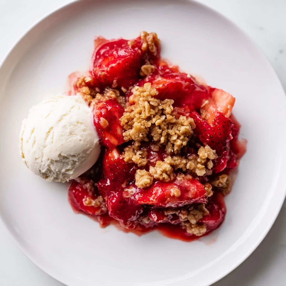 Warm bowl topped with melting vanilla ice cream, Fresh Strawberry Crisp Recipe.