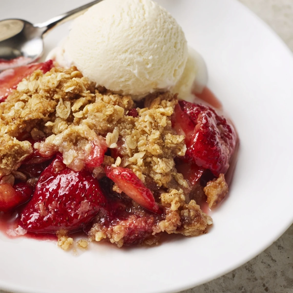 Juicy strawberries bubbling beneath crunchy cinnamon oat topping in Fresh Strawberry Crisp Recipe.