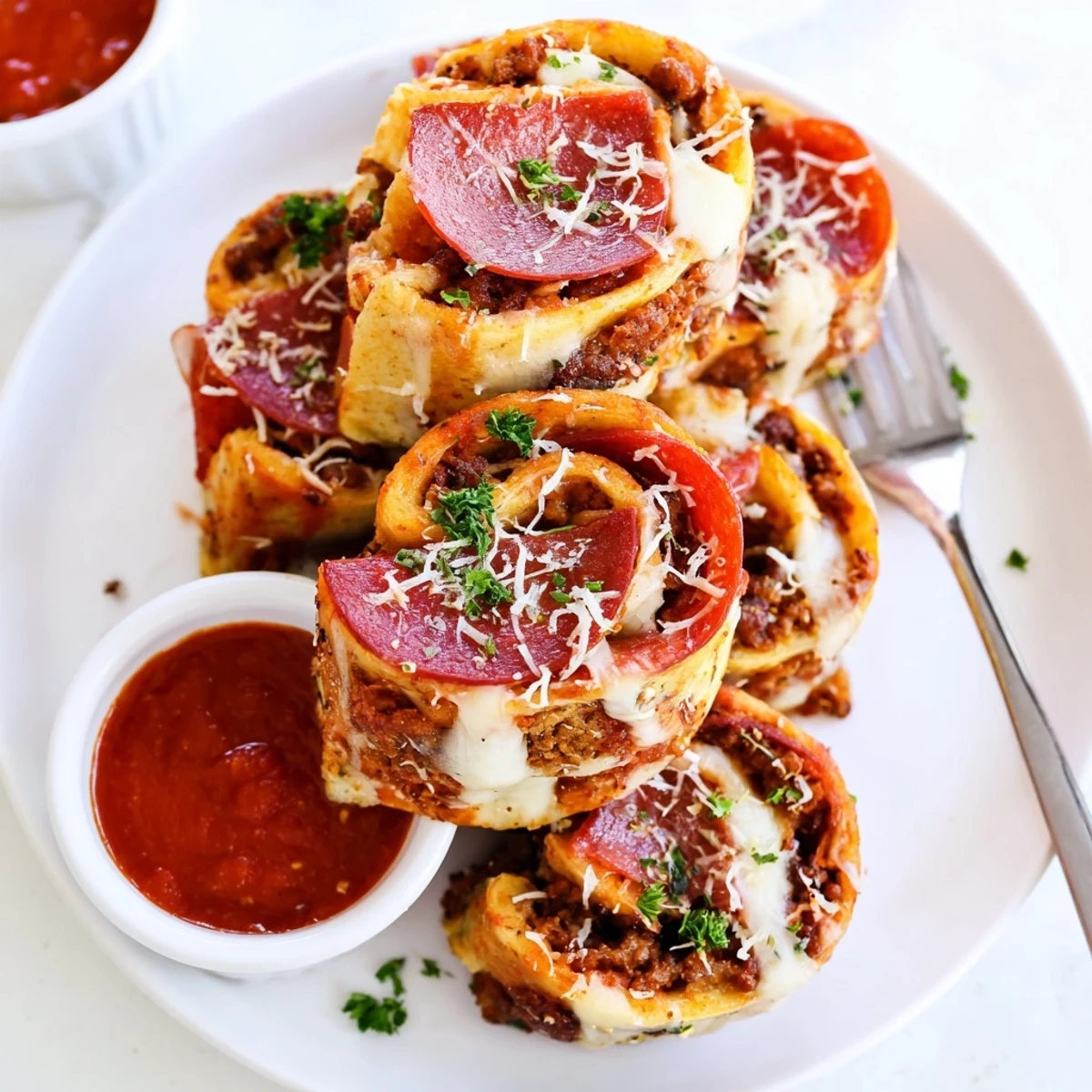 Cheesy Beef Pepperoni Pizza Roll Ups steaming on a baking sheet, cheese bubbling