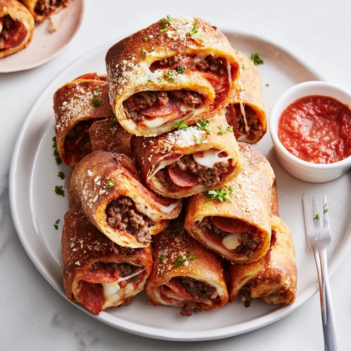 Golden Cheesy Beef Pepperoni Pizza Roll Ups sliced, served with tangy pizza sauce