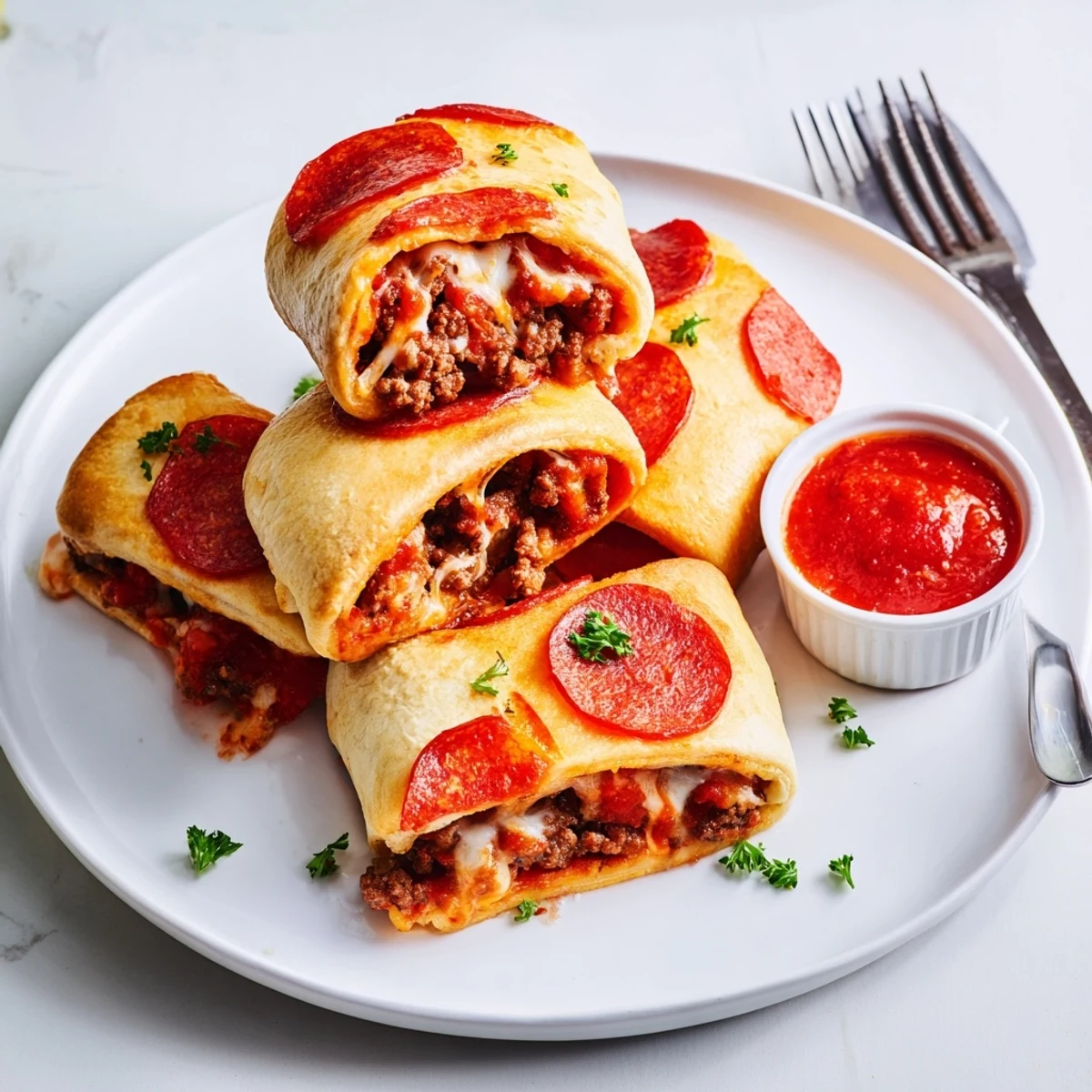 Handheld Cheesy Beef Pepperoni Pizza Roll Ups, crispy edges, gooey center, basil garnish