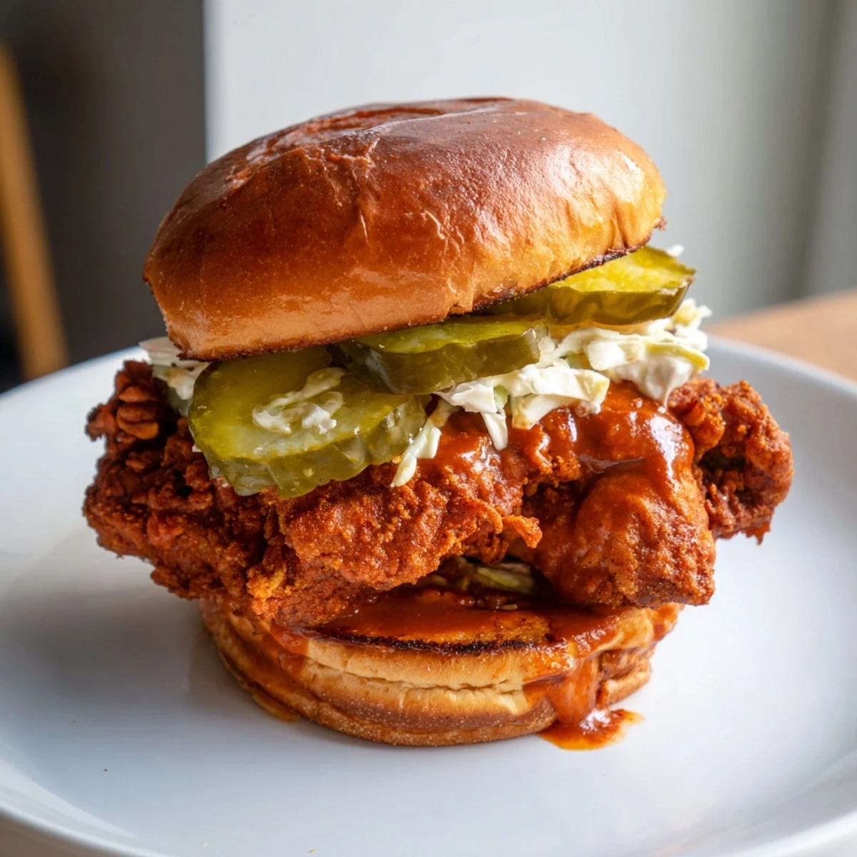 Crispy Spicy Nashville Hot Chicken Sandwiches resting on toasted buns with creamy slaw