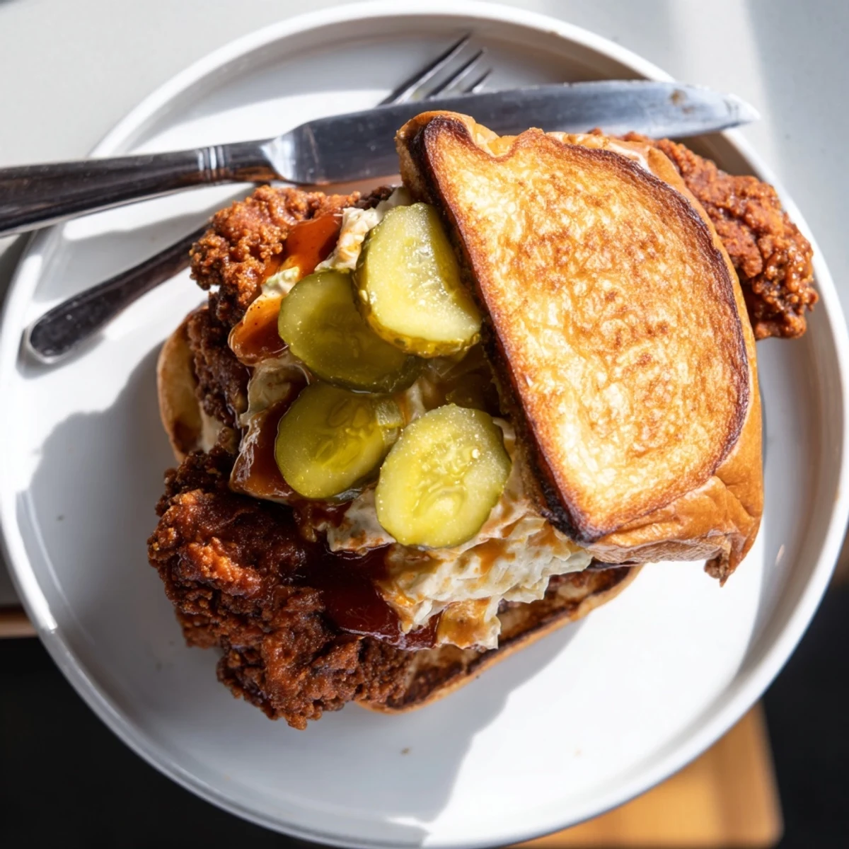 Spicy Nashville Hot Chicken Sandwiches piled on brioche, glossy sauce, crunchy pickles