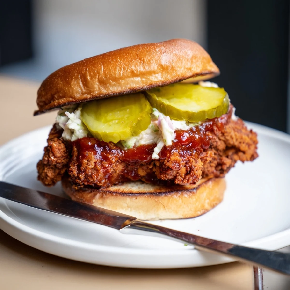 Plate of Spicy Nashville Hot Chicken Sandwiches dripping red oil, paired with sweet tea