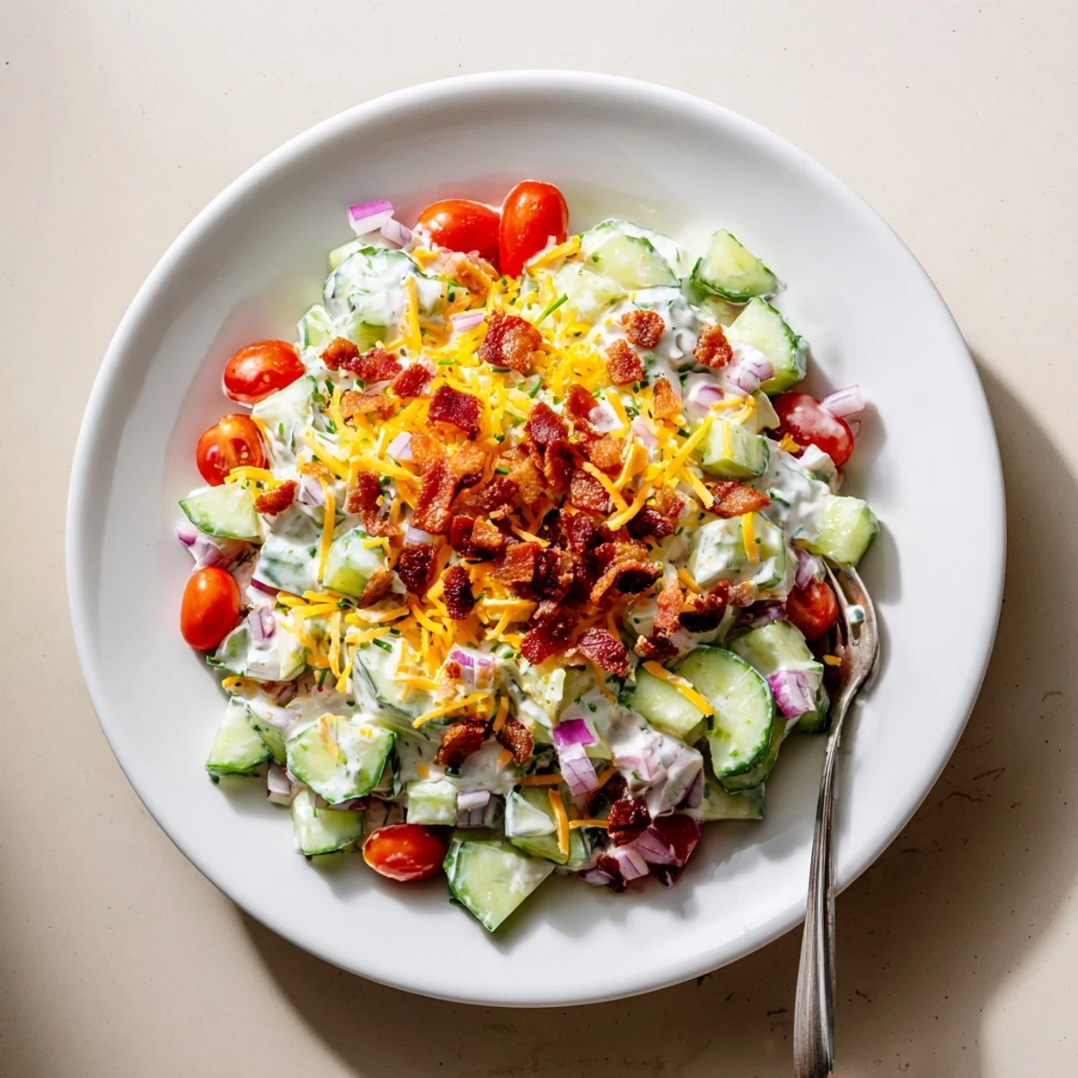Bright Cucumber Ranch Crack Salad tossed in creamy ranch and sharp cheddar