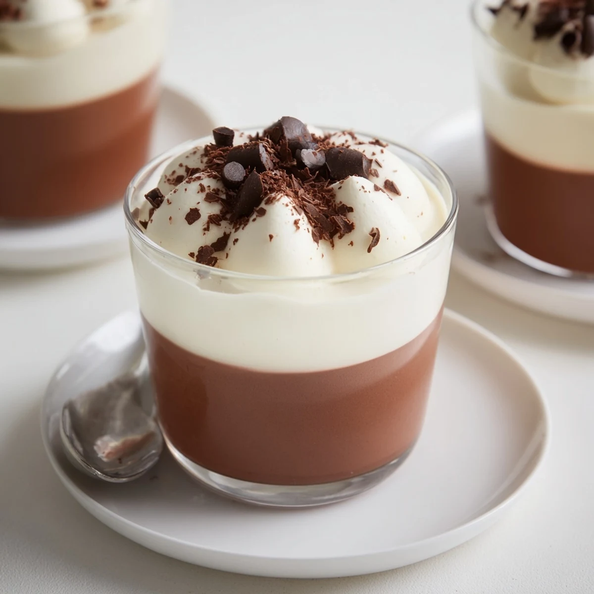 Chilled Triple Chocolate Mousse Cups topped with shaved chocolate, ready to serve