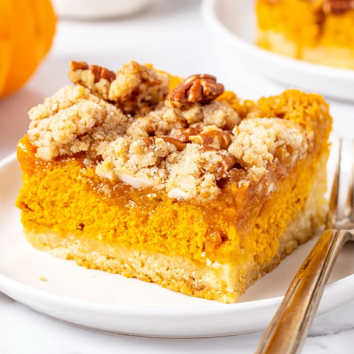 Sliced Pumpkin Dump Cake served warm with melting vanilla ice cream