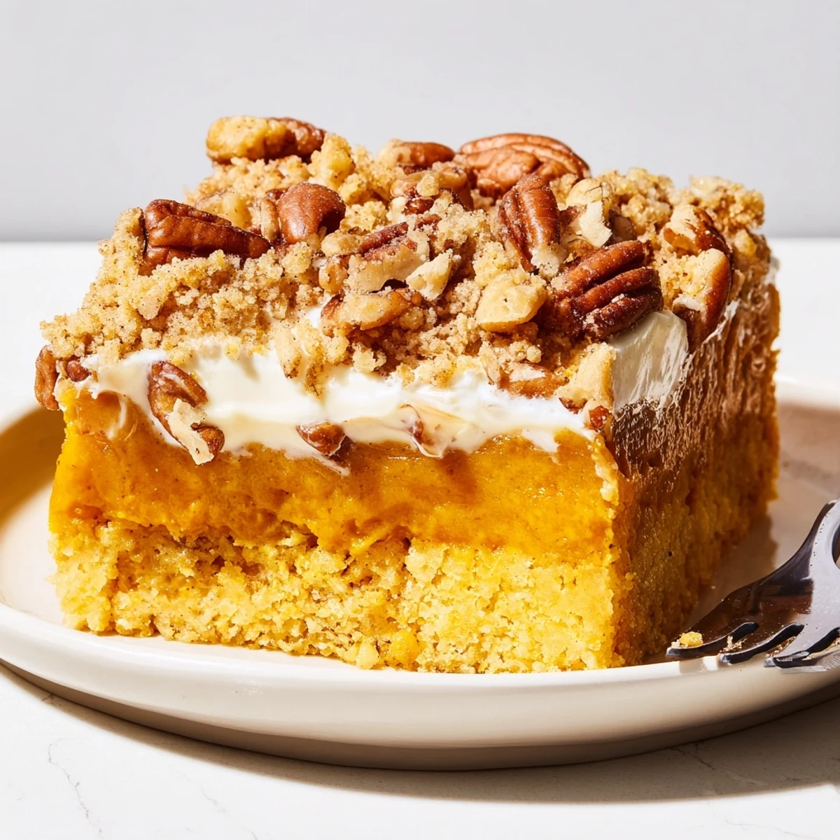 Pumpkin Dump Cake cooling in pan, melted butter sheen and crunchy topping