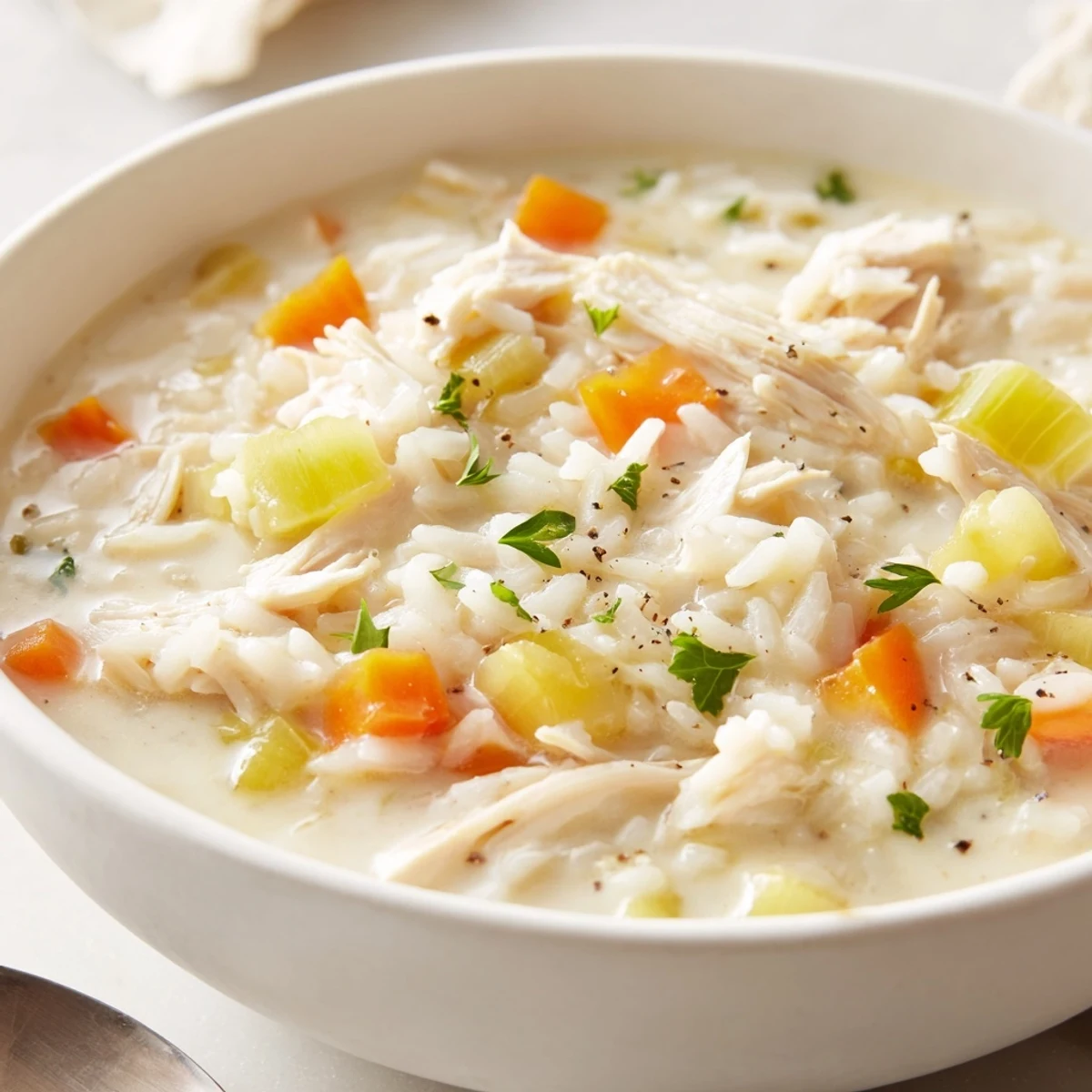 Warm Creamy Chicken Rice Soup with diced carrots, fresh parsley garnish  