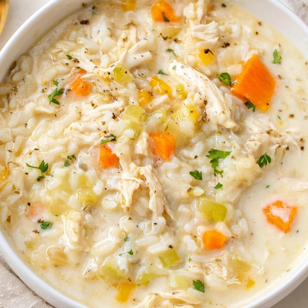 Creamy Chicken Rice Soup steaming in bowl, tender chicken and silky broth  