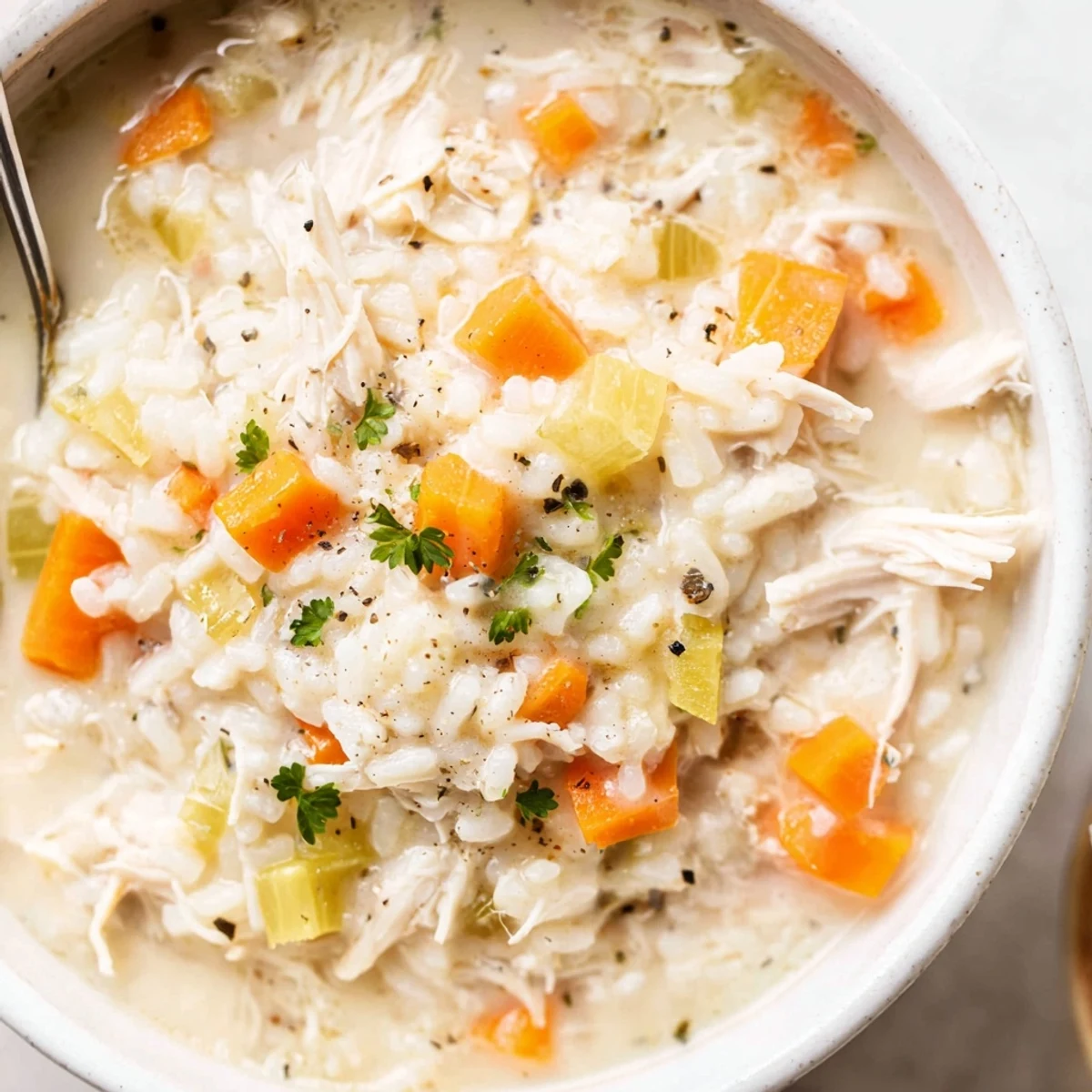 Bowl of Creamy Chicken Rice Soup paired with crusty bread for comfort