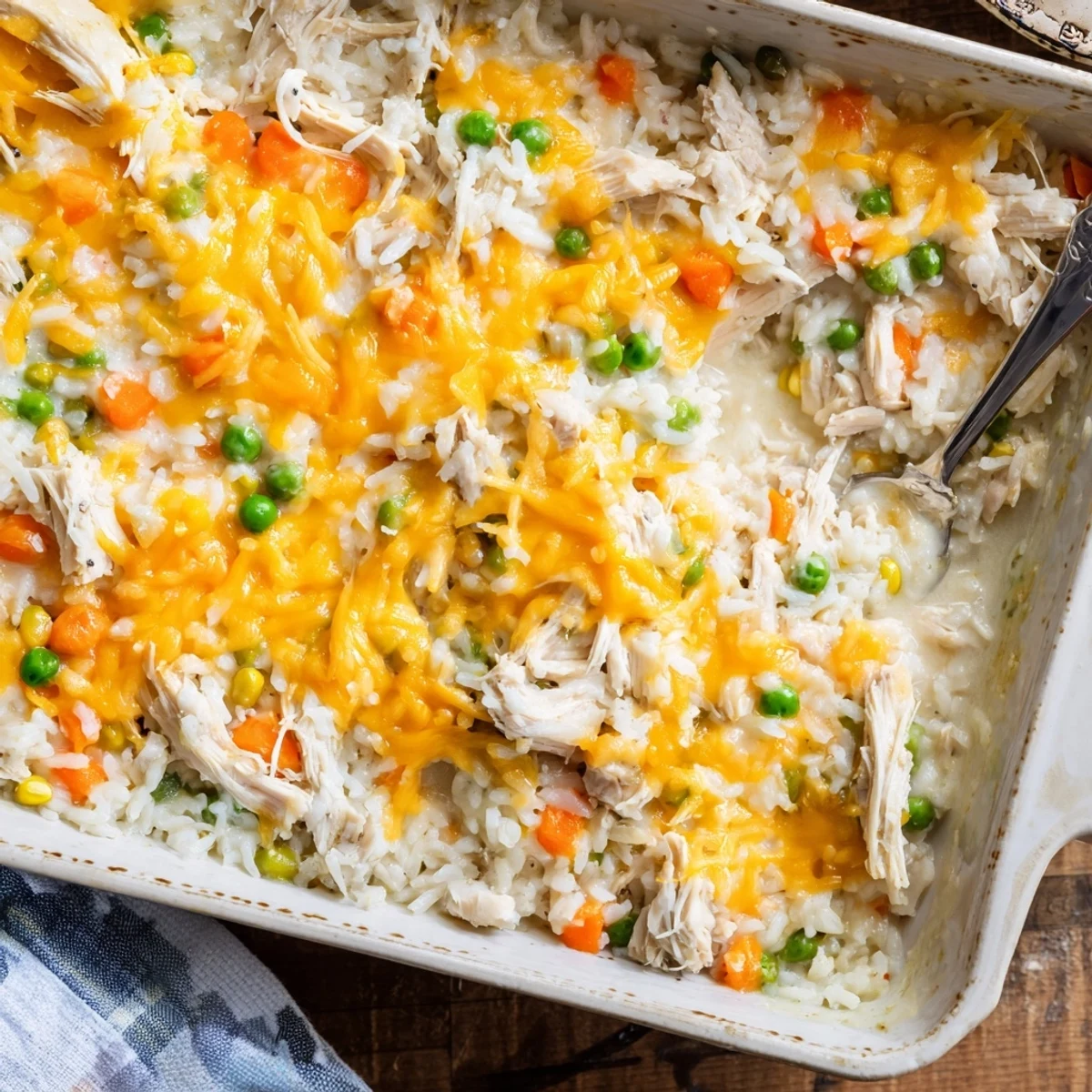 Golden creamy chicken and rice casserole topped with melted cheddar cheese and bubbling around the edges in a baking dish