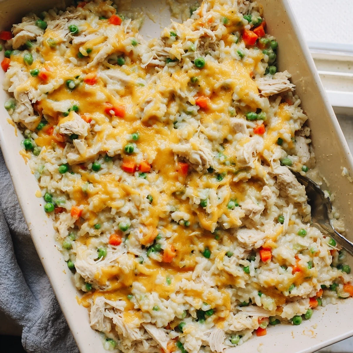 Comforting creamy chicken and rice casserole bake featuring tender shredded chicken and colorful mixed vegetables under a golden cheese crust