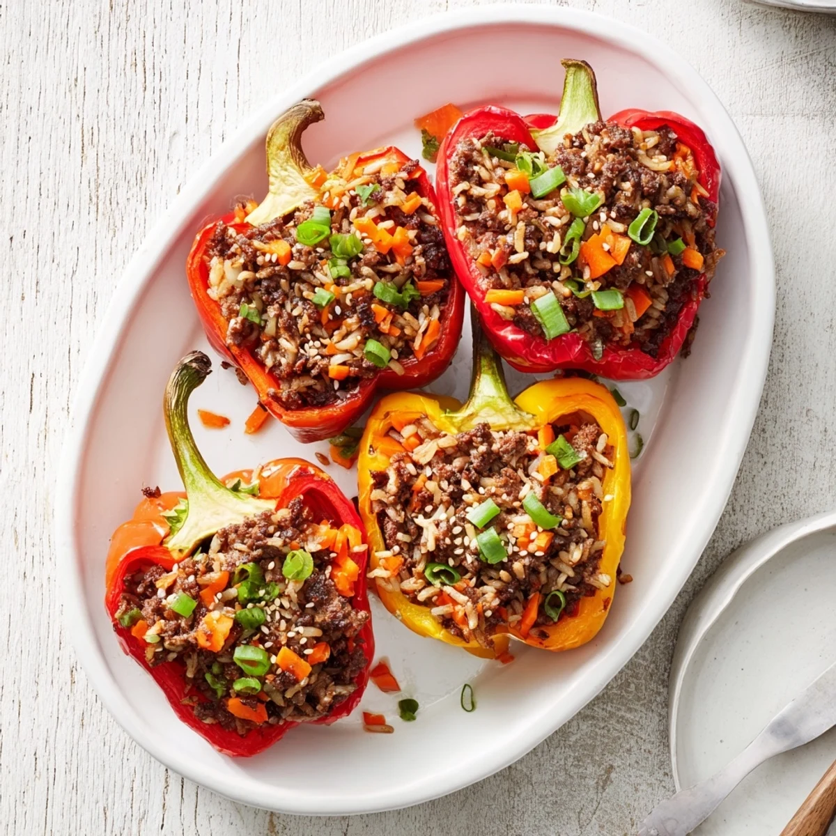 Vibrant bell pepper halves filled with savory marinated beef bulgogi and seasoned jasmine rice ready for baking
