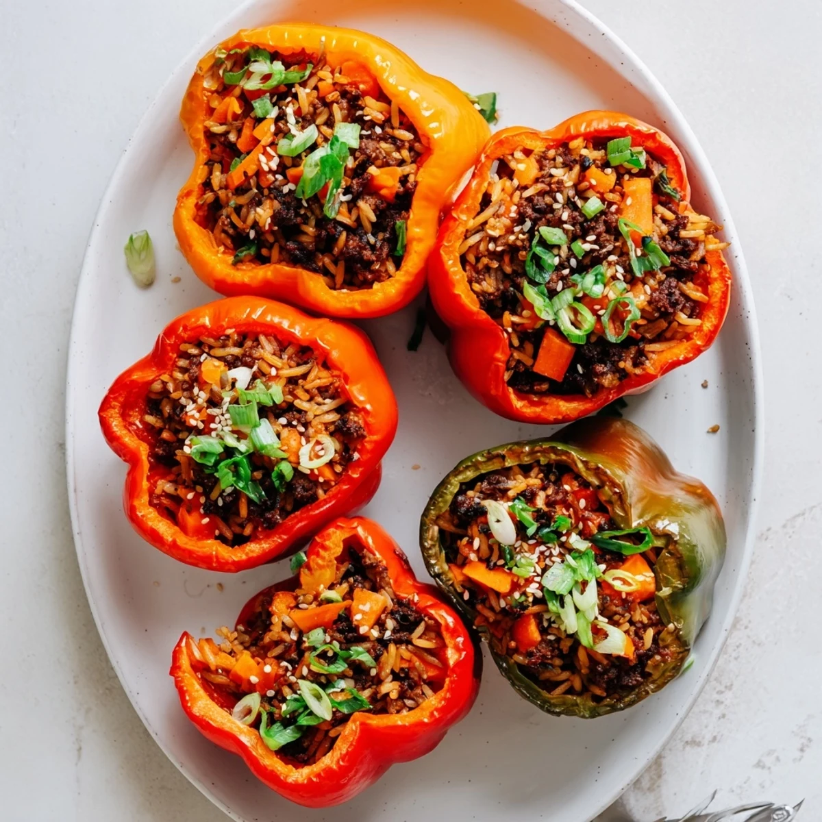 Golden roasted Korean beef bulgogi stuffed bell peppers with fluffy rice garnished with scallions and sesame seeds