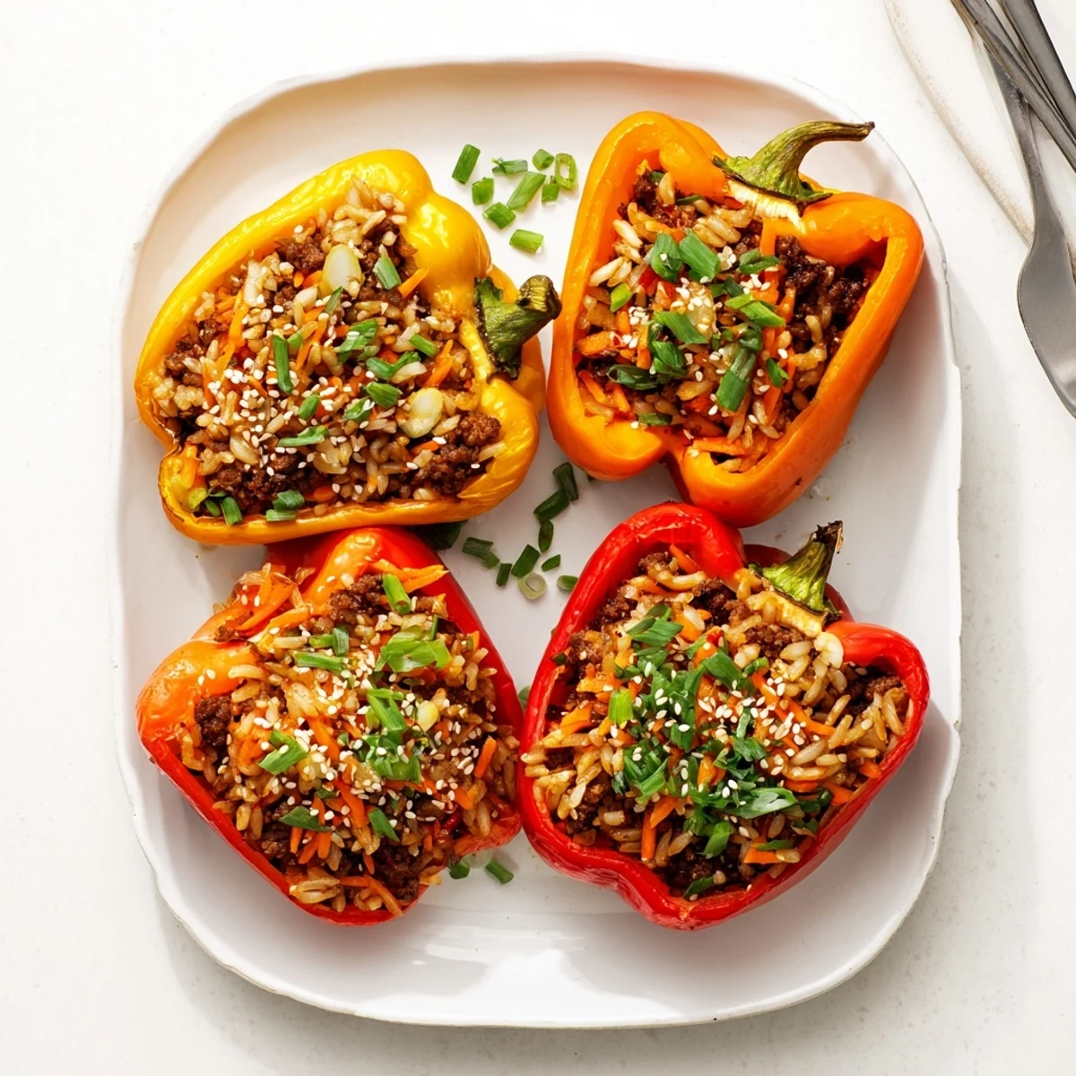 Colorful Korean fusion dish featuring tender beef bulgogi rice filling nestled inside tender roasted bell peppers