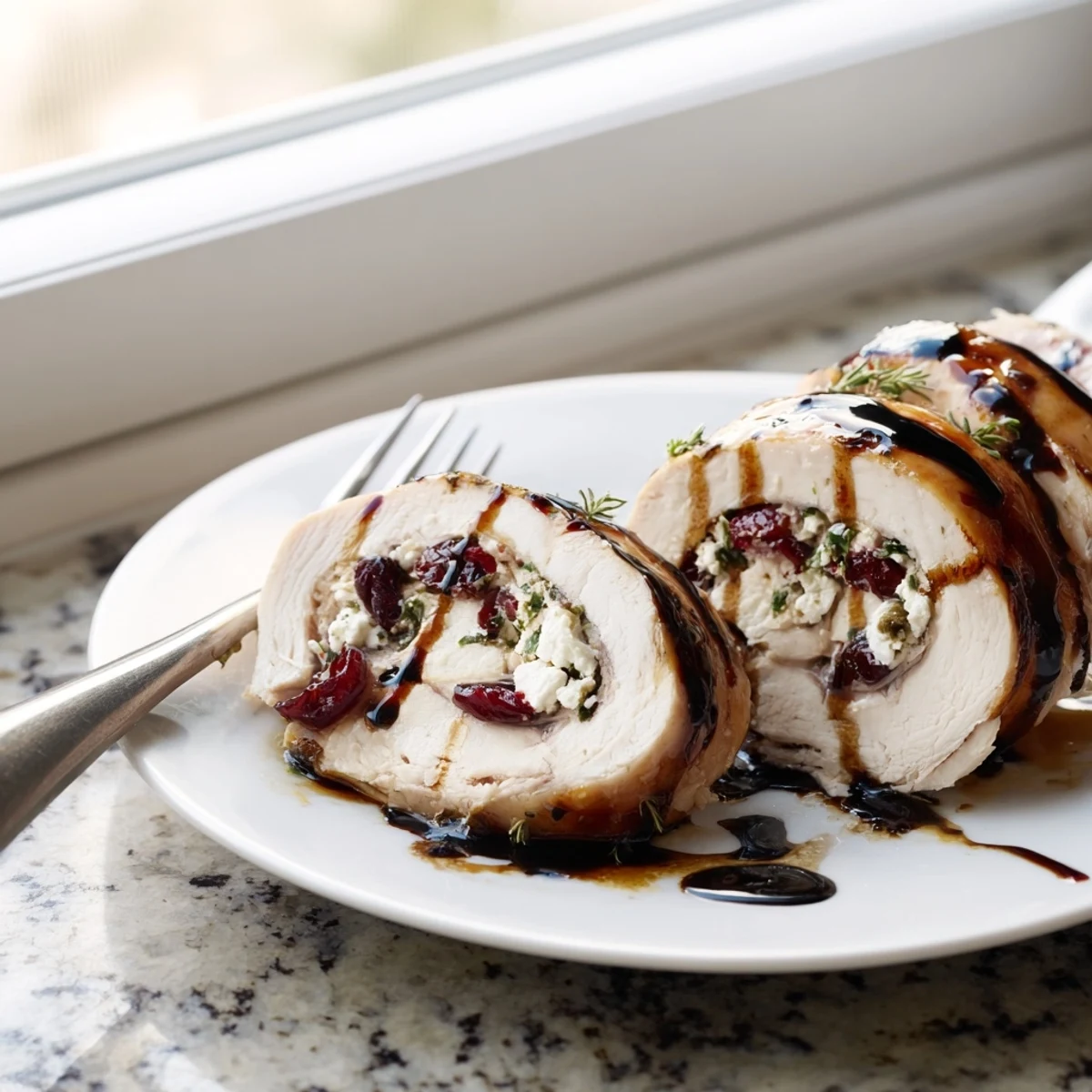 Golden roasted turkey breast rolled with creamy goat cheese and tart cranberries on a white serving platter