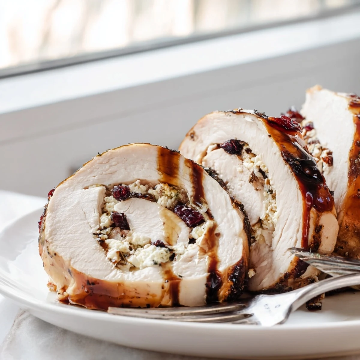 Succulent Cranberry Goat Cheese Stuffed Turkey Breast slices revealing the colorful festive filling inside