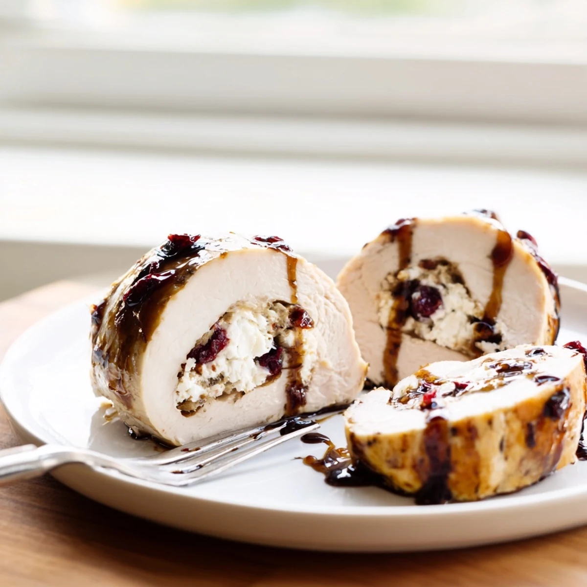 Honey glazed turkey roast with goat cheese cranberry stuffing garnished with fresh parsley for holidays