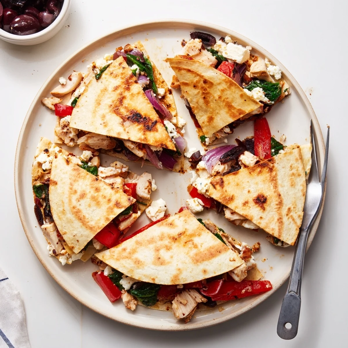 Golden brown tortilla folded around tender Greek-spiced chicken with roasted peppers, olives, and bubbling cheese