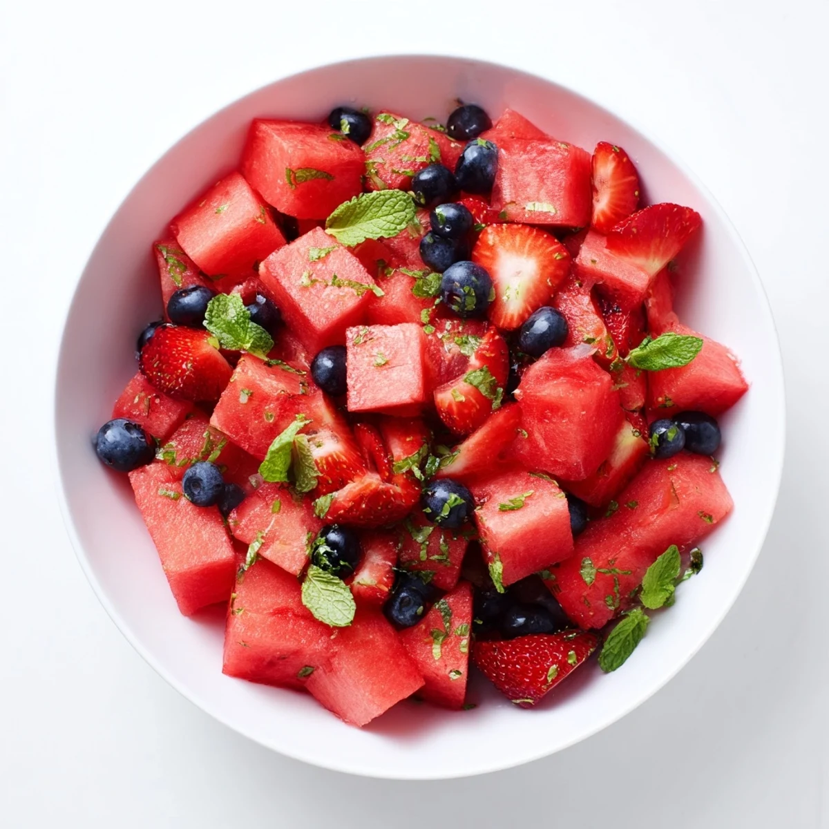 Fresh watermelon fruit salad bowl with strawberries, blueberries, mint leaves, and lime zest drizzle