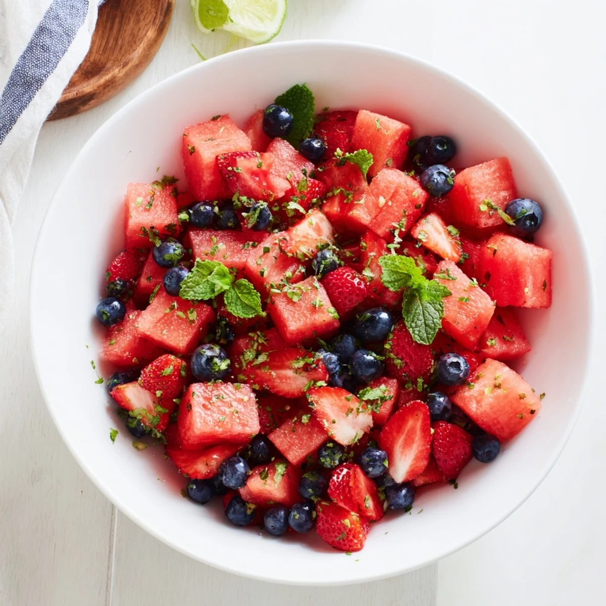 Refreshing watermelon fruit mix with chopped mint and lime juice served in glass bowl for summer parties