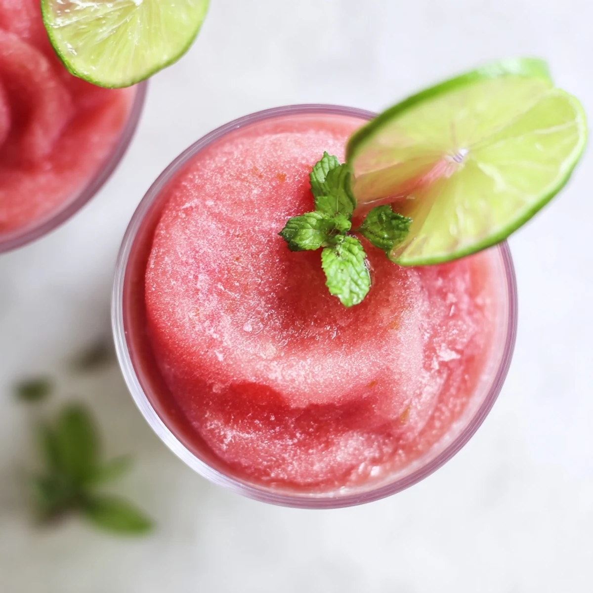 Tropical Coconut Lime Watermelon Slushie recipe in a chilled glass with mint garnish