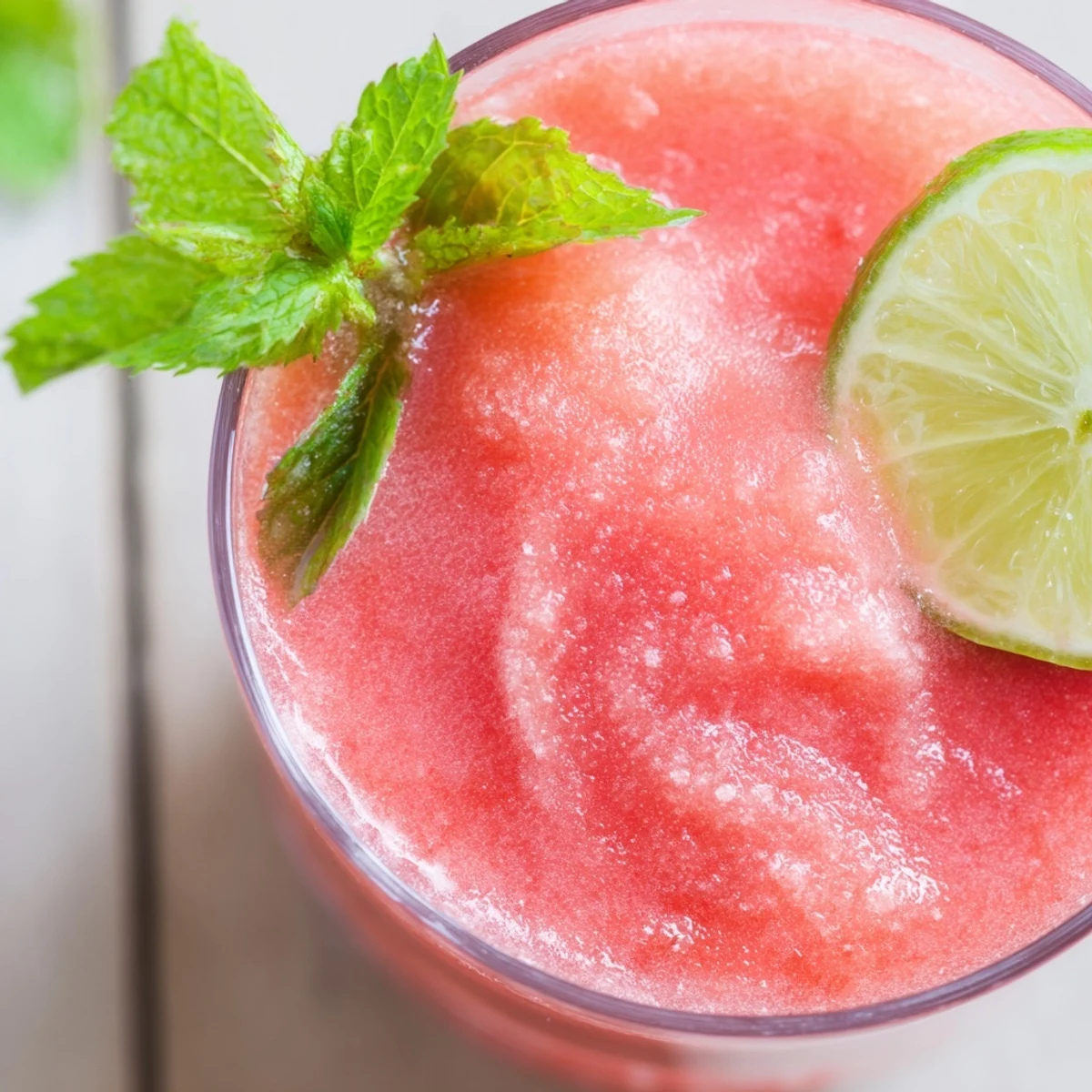 Frosty pink Coconut Lime Watermelon Slushie blended with creamy coconut milk and lime