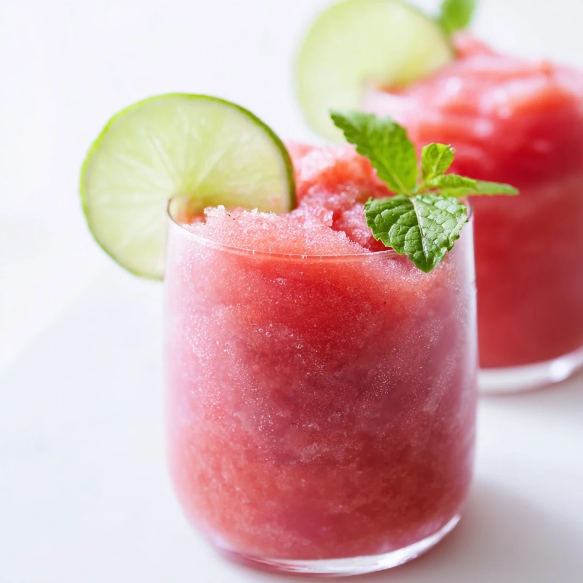 Refreshing Coconut Lime Watermelon Slushie drink topped with fresh lime wheel and mint