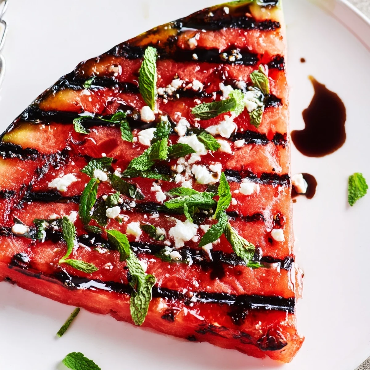 Grilled watermelon steak with charred grill marks topped with fresh mint and vegan feta