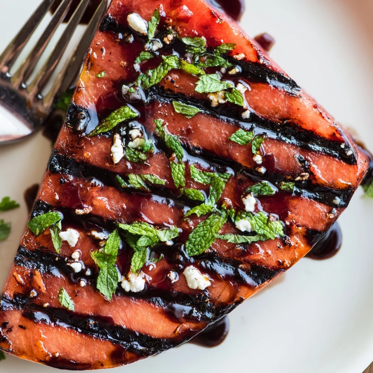 Savory watermelon steak recipe featuring caramelized edges and smoked paprika marinade on a white plate