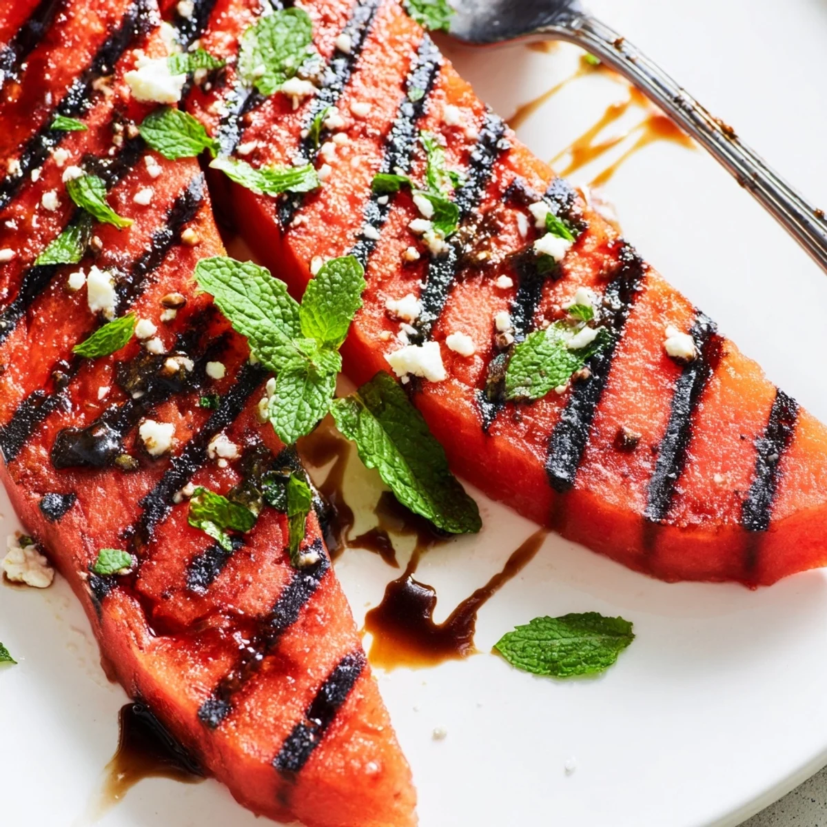 Juicy grilled watermelon steak sprinkled with flaky sea salt and chopped mint for summer dining