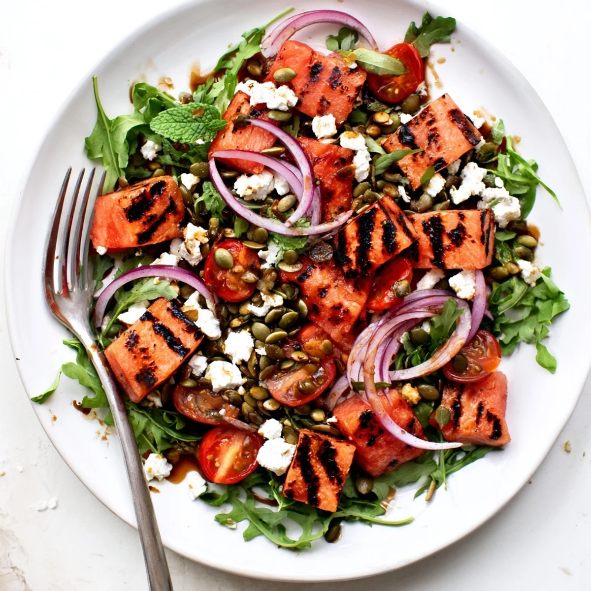 Colorful grilled watermelon salad arranged with crumbled feta, red onion, and mint for a refreshing summer meal