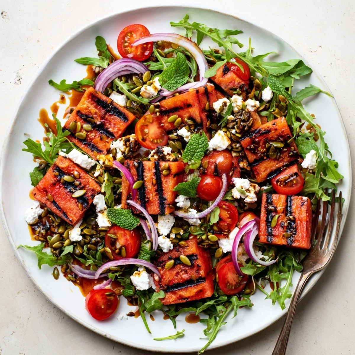 Vibrant grilled watermelon salad with balsamic dressing, feta cheese, and fresh mint leaves on a white plate