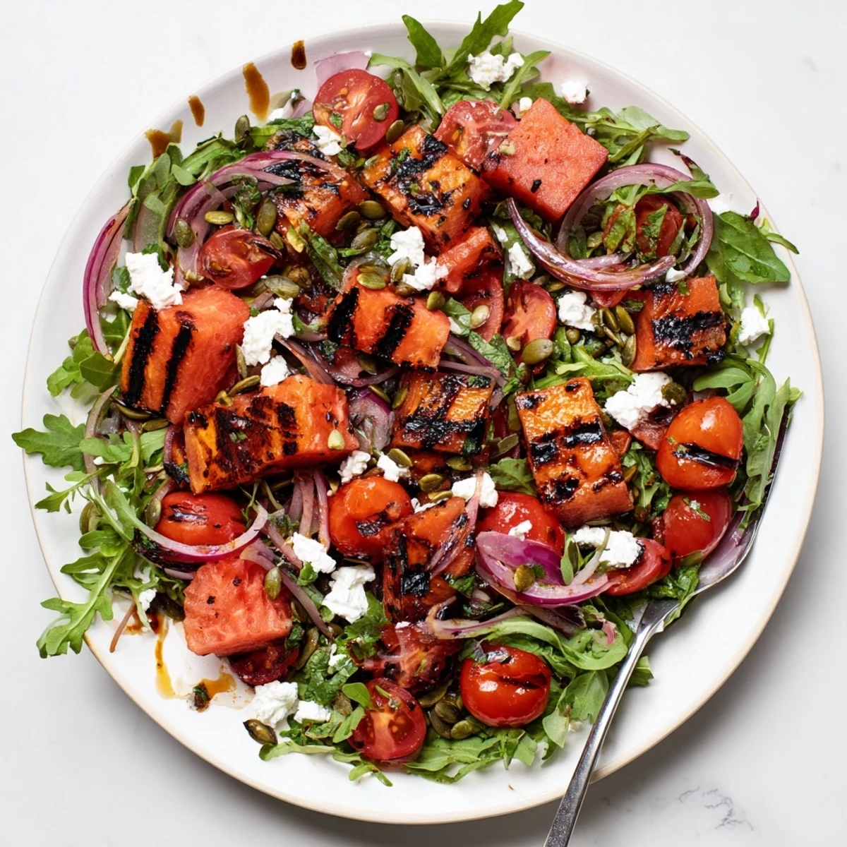 Summer bowl featuring smoky charred watermelon cubes, cherry tomatoes, arugula, and tangy balsamic glaze topping