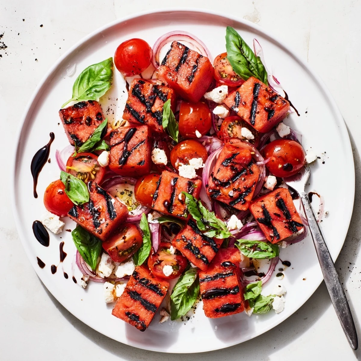 Golden grilled watermelon salad topped with crumbled feta and fresh basil leaves